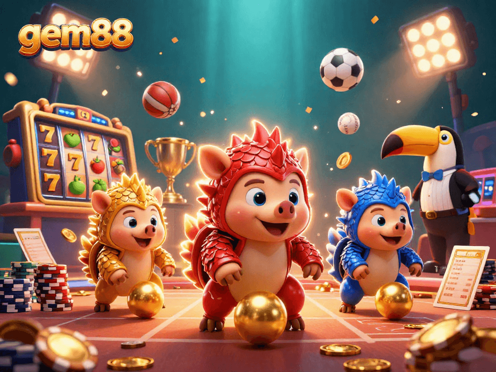 Experience gem88 with an exciting scene of pangolins battling in a vibrant casino atmosphere.