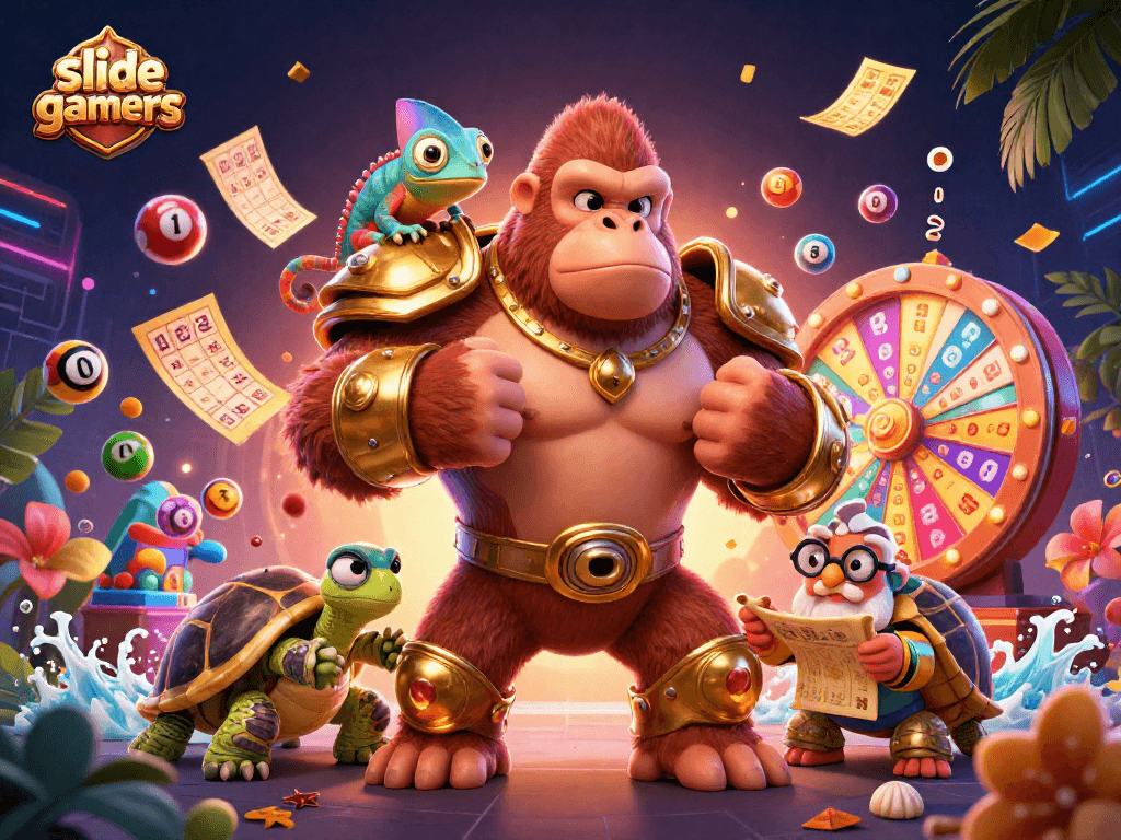 Engage with slidegamers and explore vibrant lottery actions with playful characters in a dynamic casino illustration.
