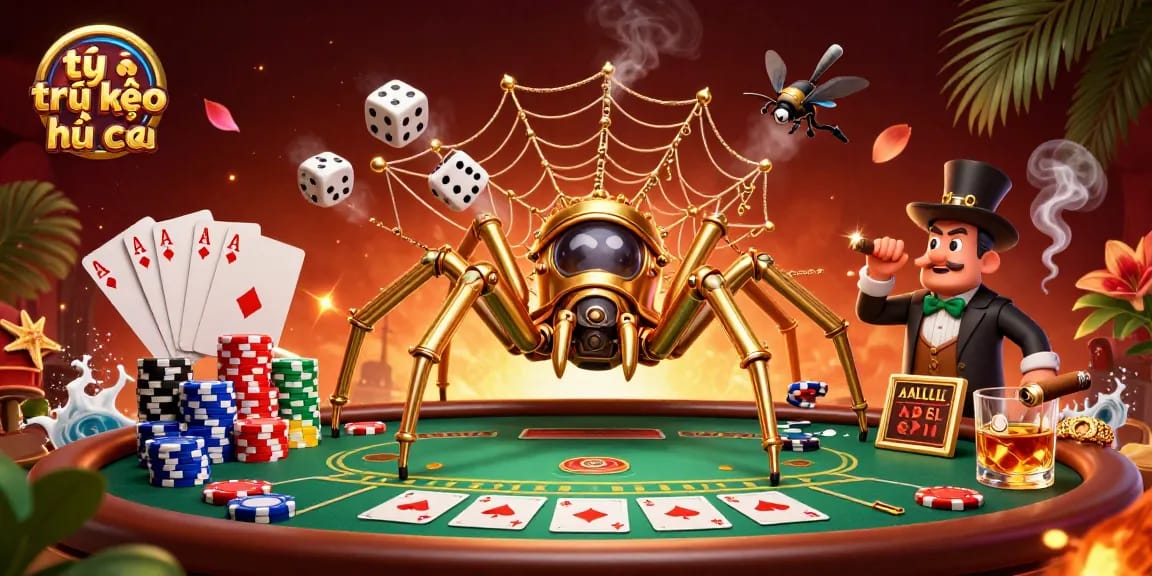 Engaging visual showcasing tỷ lệ kèo nhà cái with a dynamic steampunk theme, spider, fly gentleman amidst poker elements.