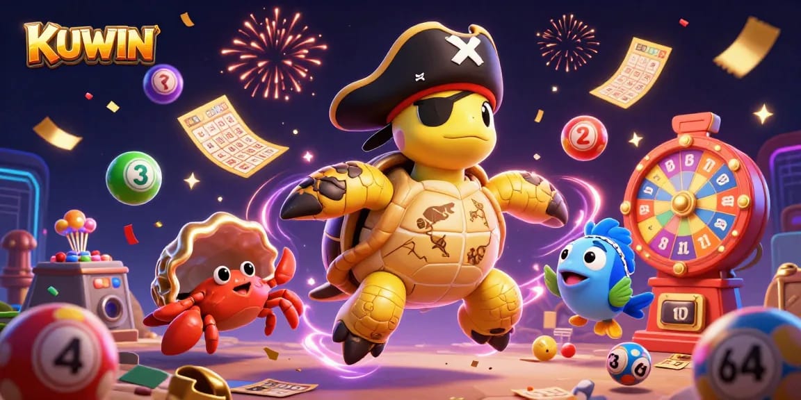 Engage with KUWIN's thrilling lottery adventure featuring vibrant 3D characters amidst exciting game elements.