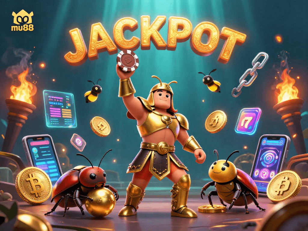 Win big with mu88 featuring a victorious beetle and cryptocurrency elements in a vibrant casino scene.