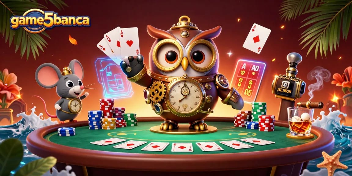 Experience casino action with game5banca’s 3D cartoon owl exploring a steampunk casino world.
