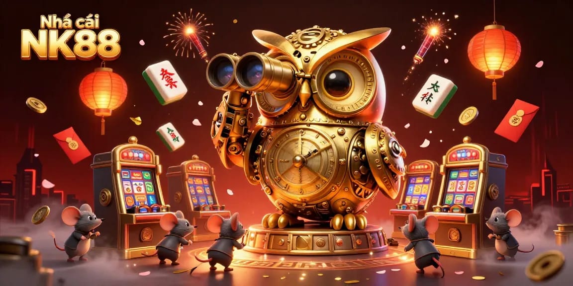 Engage with Nhà cái NK88's vibrant casino scene featuring a golden clockwork owl and dynamic gaming elements.