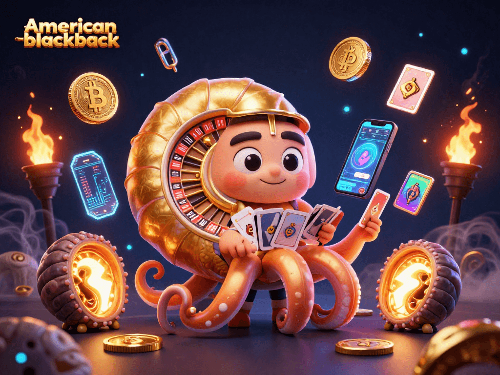 Play American Blackjack with a vibrant 3D illustration of a nautilus roulette wheel showcasing neon Bitcoin and Ethereum coins.