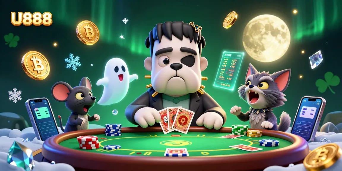 U888 features a 3D cartoon bulldog dealing cards at a spooky green table, embodying the thrill of casino gaming.