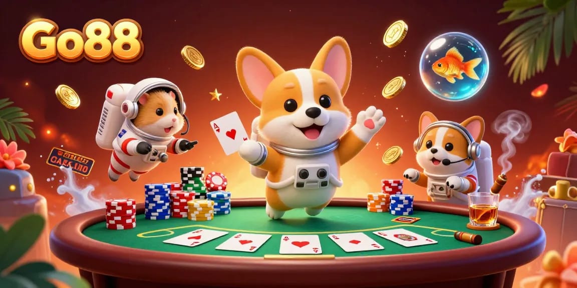 Experience the thrill of Go88 in a vibrant space casino scene with cartoon characters and floating game elements.