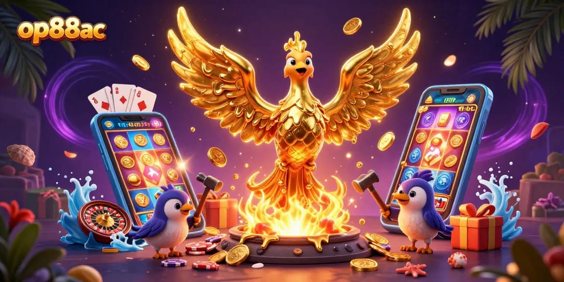 Engage with op88ac's thrilling slot gaming experience featuring a golden phoenix and vibrant casino elements.