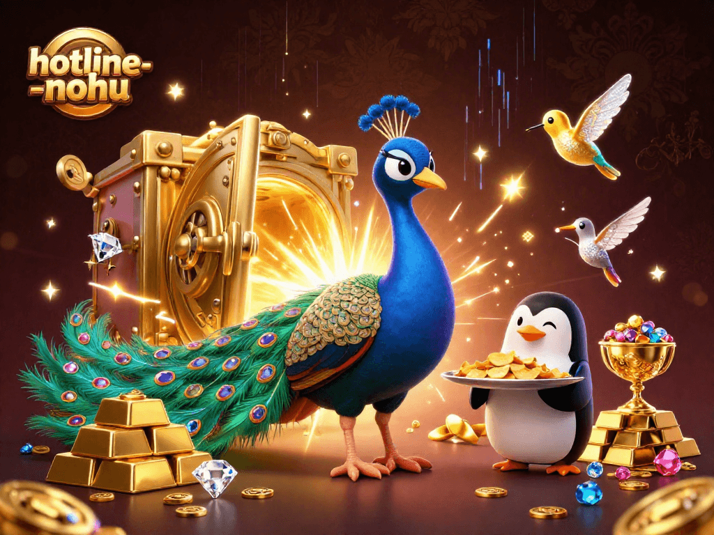 Experience the thrill of hotline-nohu as a peacock, penguin, and hummingbird celebrate with golden treasures.