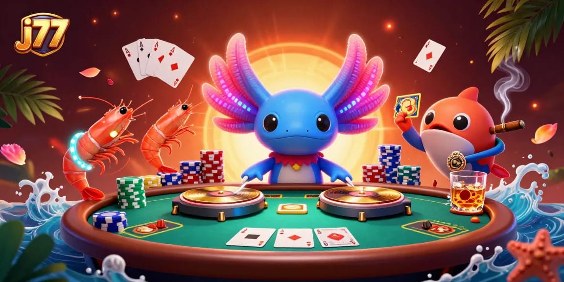 Experience j77 casino excitement with a vibrant DJ axolotl and poker elements.