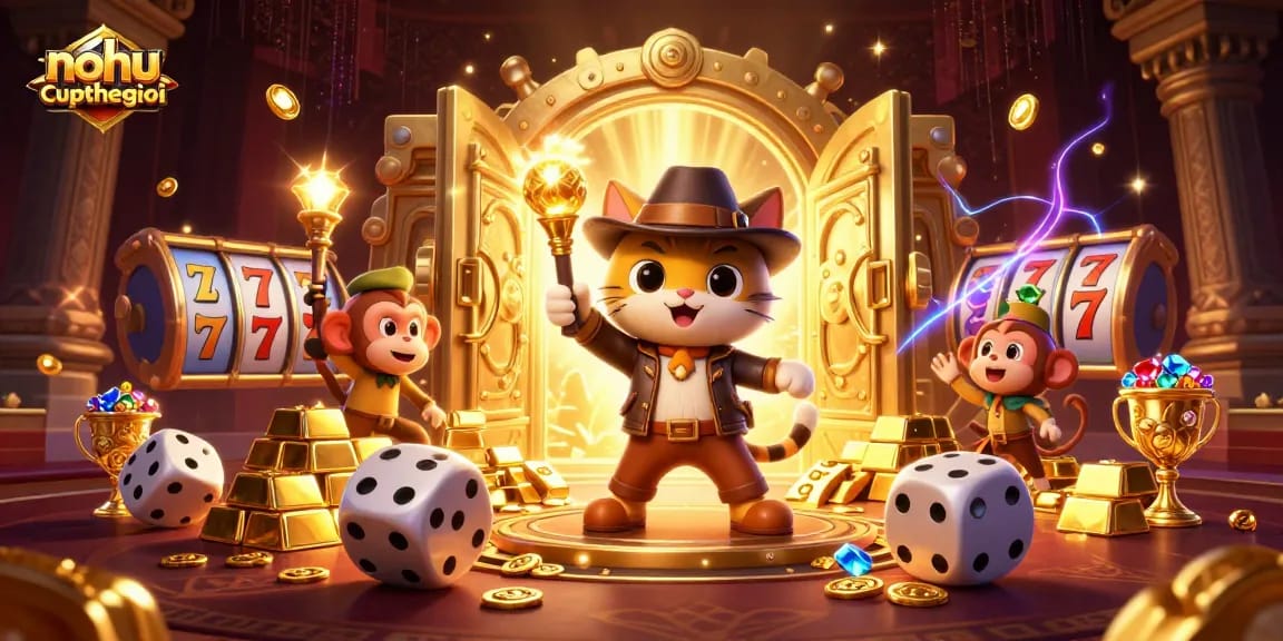 Experience nohu-cupthegioi with a dynamic scene of an adventurer cat uncovering treasures and slot reels.