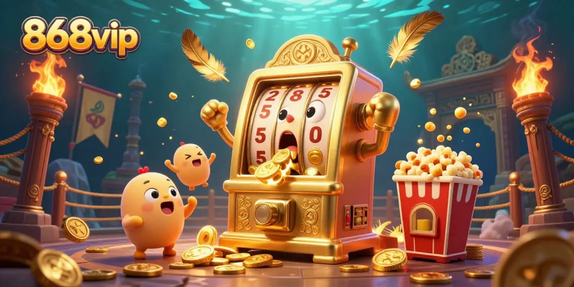 Winning big at 868vip with a golden slot machine celebrating a jackpot among cheering companions.