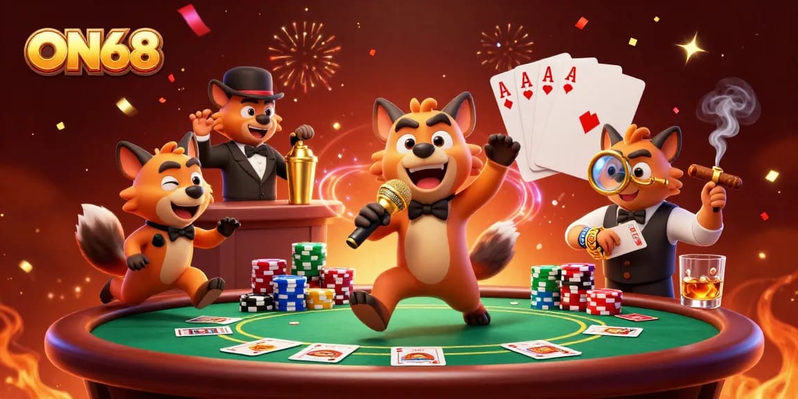 Experience ON68's vibrant casino atmosphere with hyenas running the comedy club and poker action.