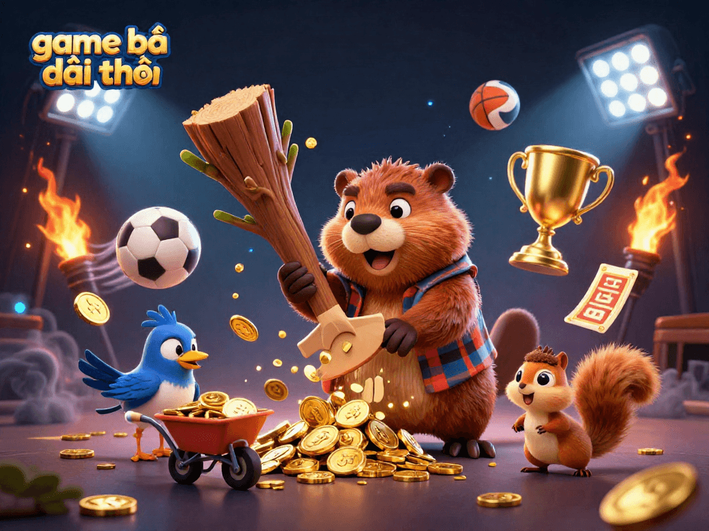 Engage in exciting game bài đổi thưởng with a detailed 3D cartoon scene featuring playful characters and dynamic sports elements.