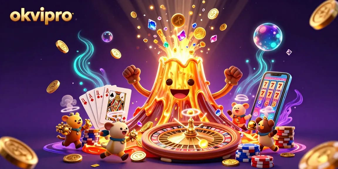 Experience thrilling wins at okvipro with a dynamic scene of a golden volcano erupting treasure in a vibrant casino.