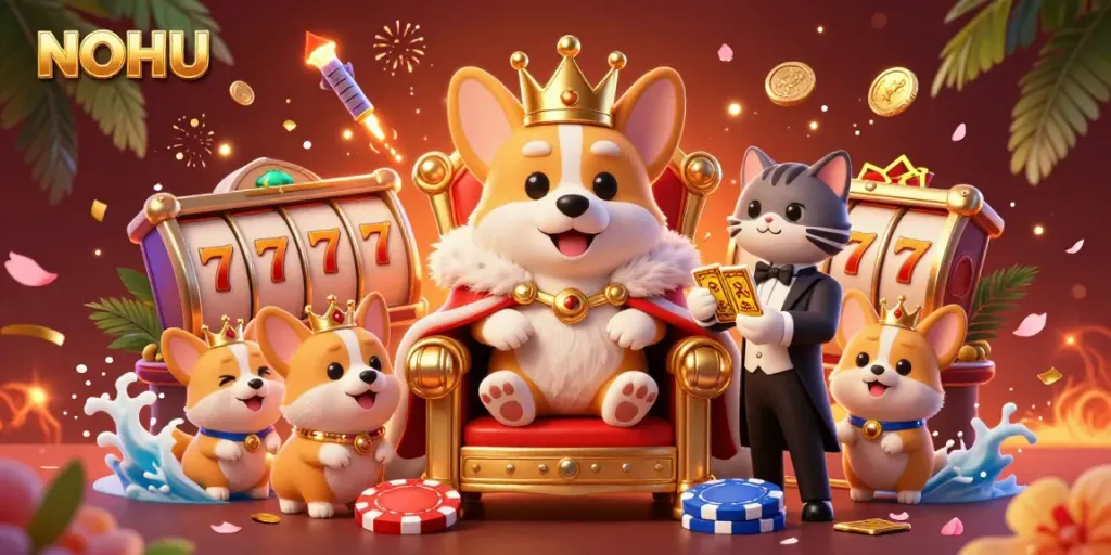 Engage with the ultimate NOHU gaming experience featuring a royal corgi on a poker chip throne amidst dynamic casino elements.
