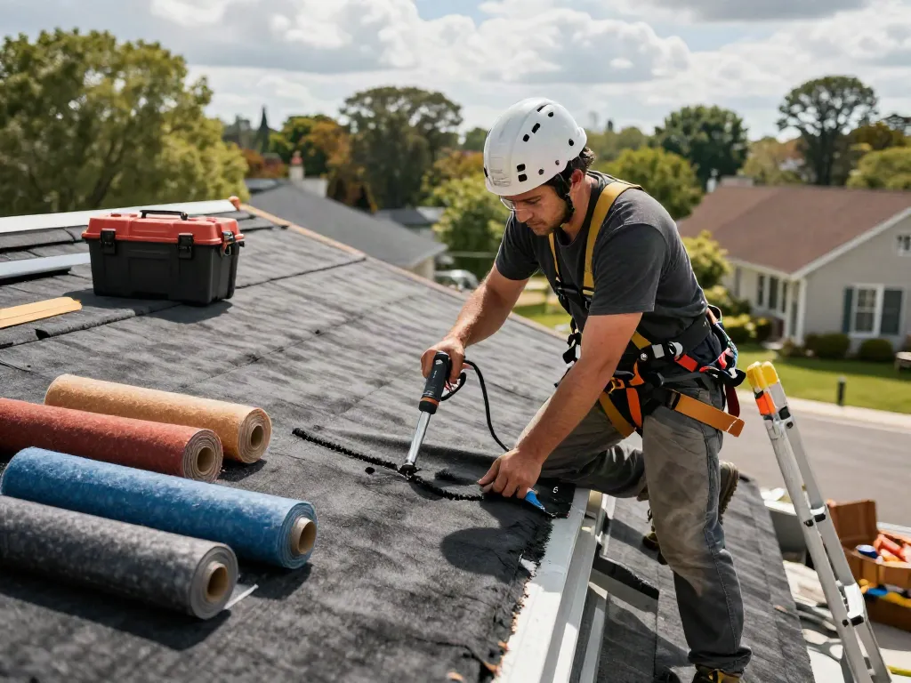 Skilled roofer installing felt roofing on a residential flat roof with professional tools and equipment.