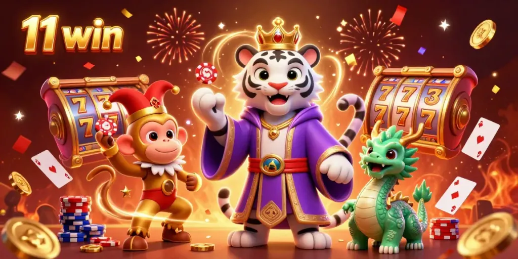 Engage with the vibrant world of 11 win casino featuring a white tiger, golden monkey, and jade dragon in a festive scene.