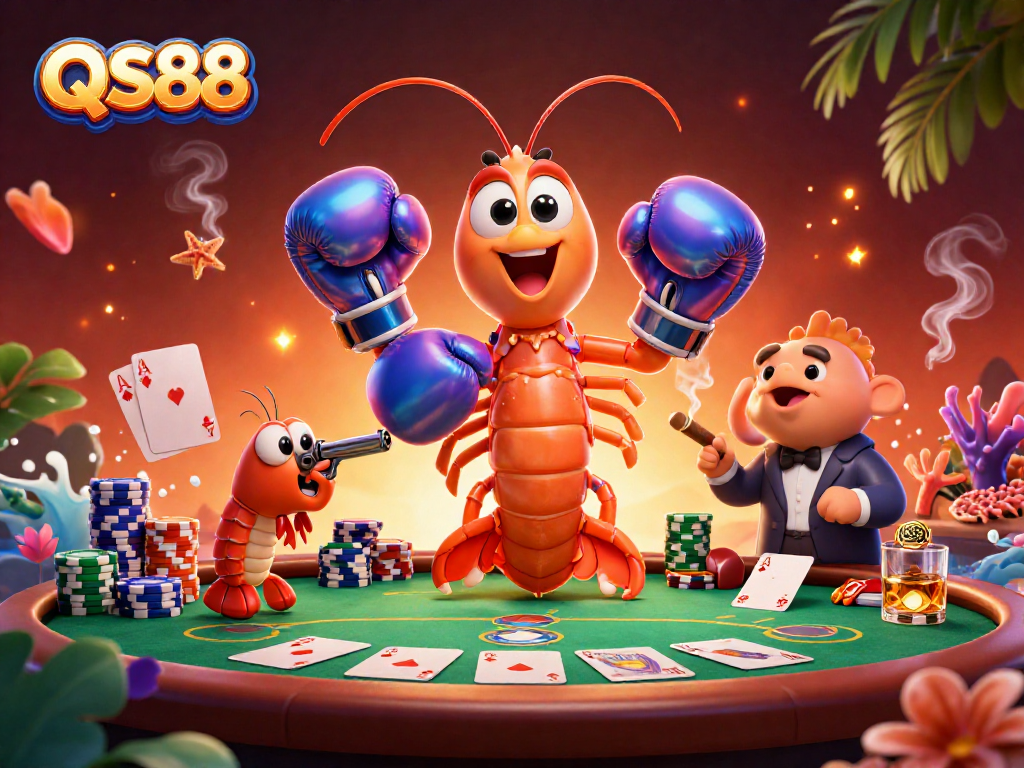 Experience thrilling poker action at QS88 with a vibrant 3D illustration featuring unique sea characters.