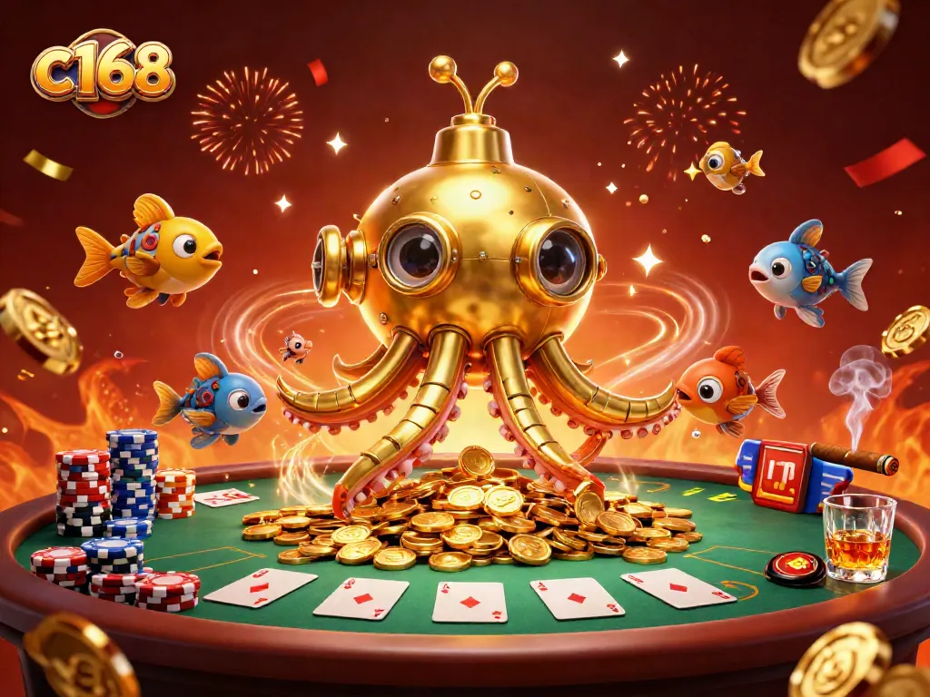 c168 players enjoying a casino atmosphere with a golden kraken submarine and poker elements.