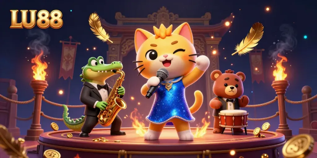 LU 88 showcases a vibrant 3D scene with a jazzy cat, crocodile, and bear cub performing under dramatic lights, bringing casino excitement.