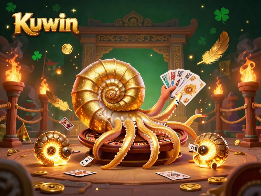 Kuwin casino scene featuring a giant nautilus roulette wheel and glowing ammonite fossils amidst gold coins and vibrant fire effects.