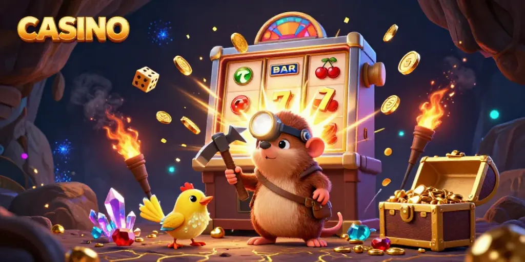 Capture thrilling casino action with cartoon characters discovering gold and jackpots in a vibrant 3D scene.
