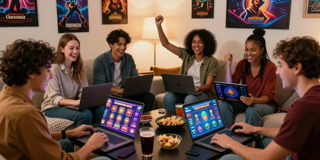 Friends enjoying fun games on american online casino sites with laptops and tablets