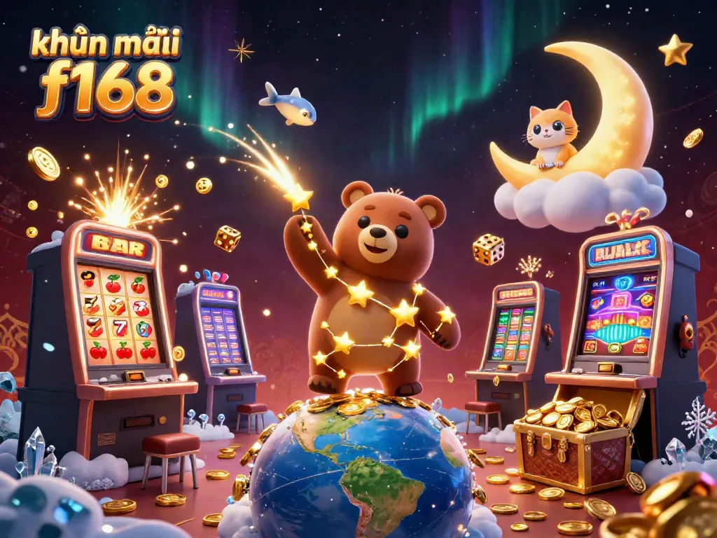 Experience khuyến mãi f168 through this vibrant casino-themed 3D artwork featuring a cosmic bear and jackpot.