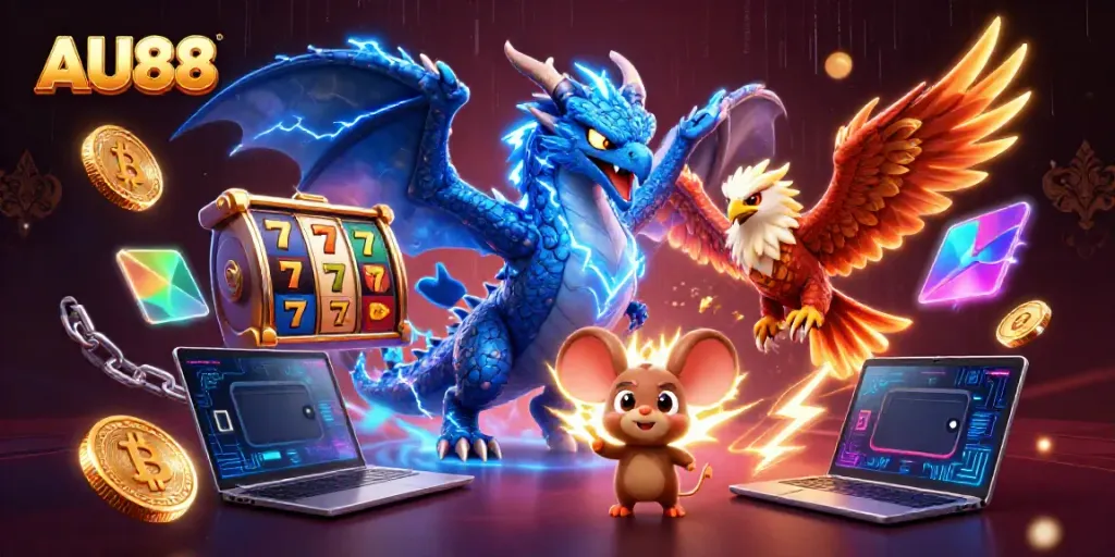 Engage in thrilling AU88 gaming with a lightning dragon and dynamic slot elements in a vibrant casino scene.