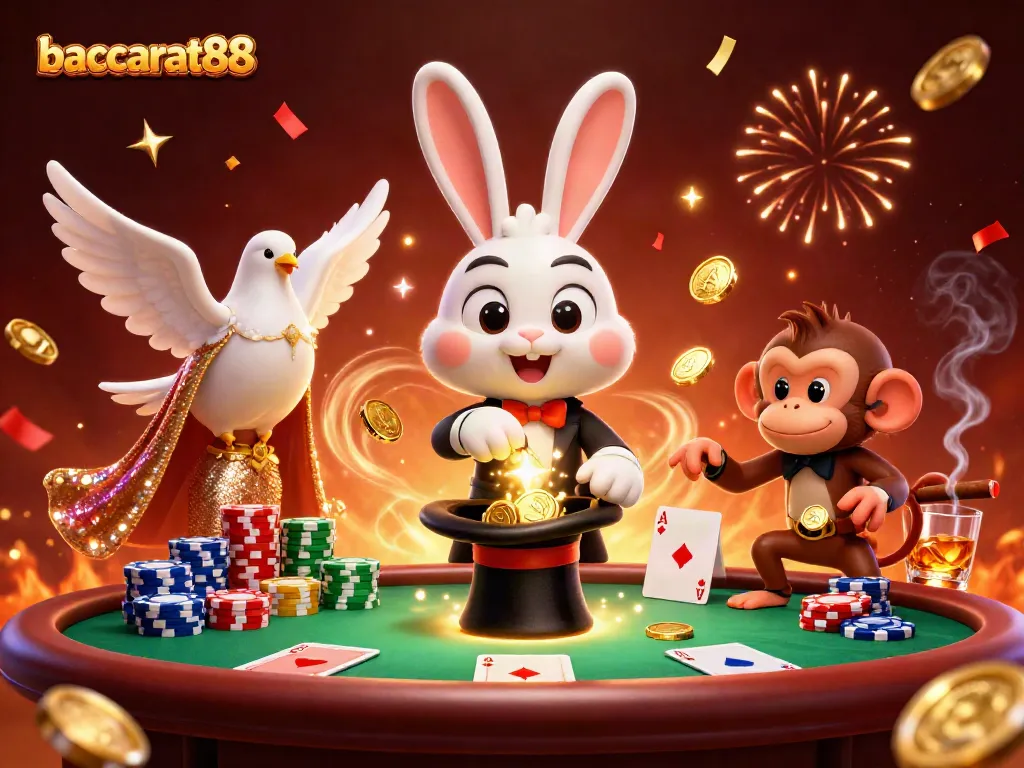 Baccarat88 experience with a magician rabbit, a dove, and a monkey among poker chips and cards.