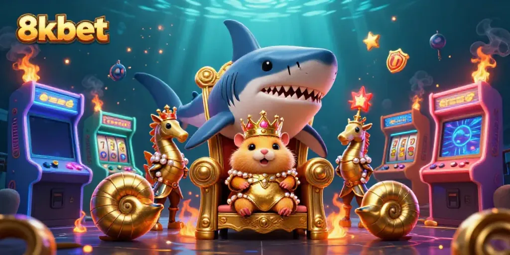 Experience exciting gameplay at 8xbet with vibrant arcade machines surrounding the casino royalty theme.