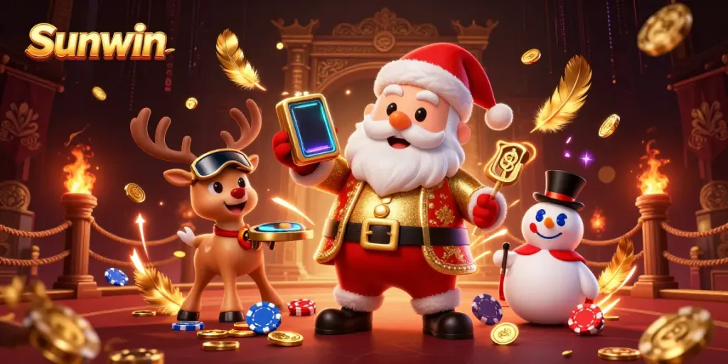 Sunwin players enjoying a vibrant casino atmosphere with a festive 3D Santa and interactive gaming elements.