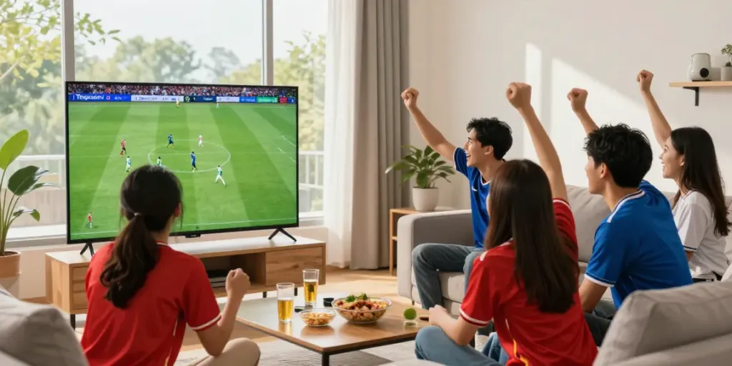 Friends enjoying a soccer game on Thapcamtv in a cozy living room.