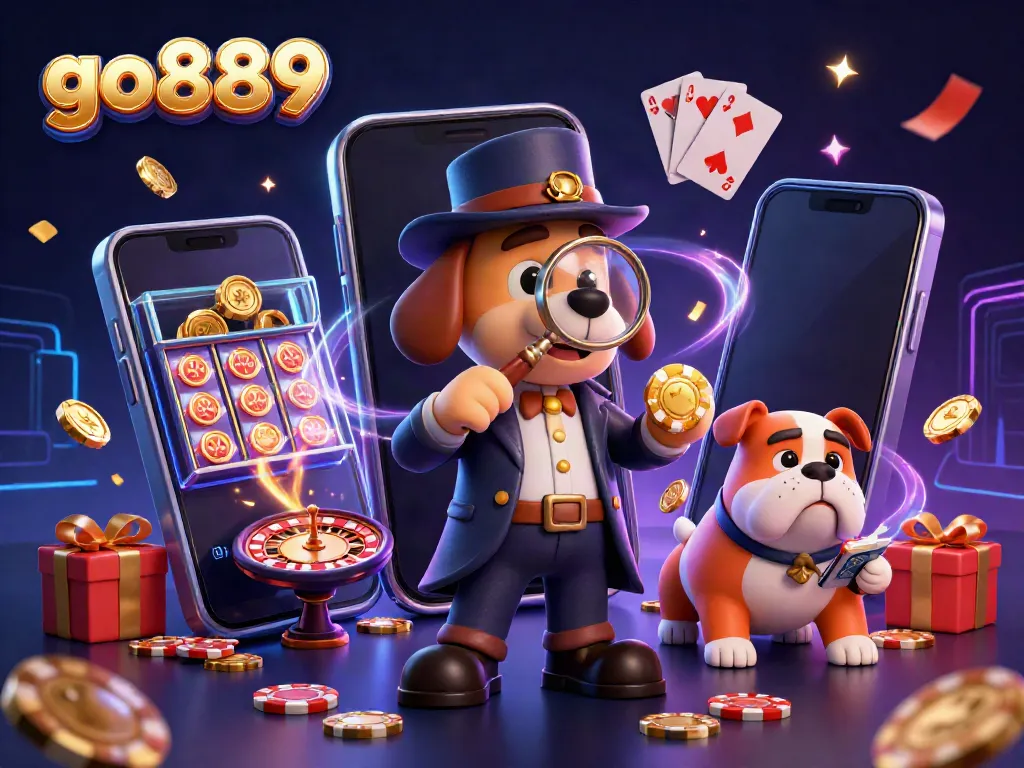 Join the action at go889 with a detective bloodhound uncovering poker clues amidst vibrant casino symbols.