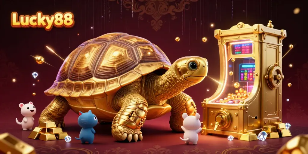 Engage in Lucky88's vibrant casino adventure with a golden tortoise pinball, sparkling gems, and treasure.