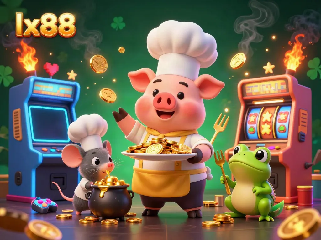 Experience the thrill of lx88 gaming with a vibrant scene featuring a chef pig serving gold, complemented by retro game machines.