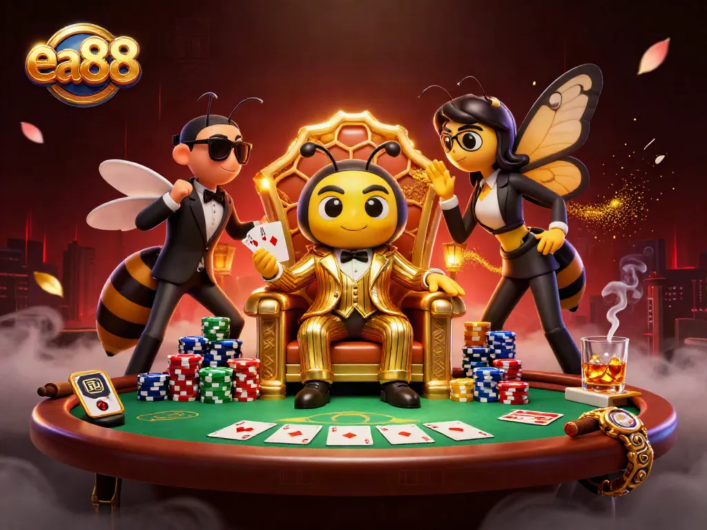 ea88 casino scene depicting a cartoon mob boss at a poker table with chips and cards.