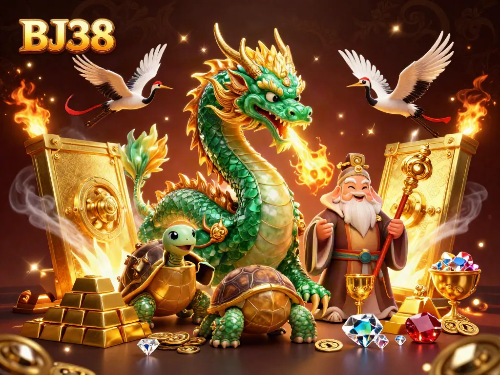 Experience the thrill of BJ38 with a vibrant, animated 3D casino scene filled with rich rewards and mythical elements.