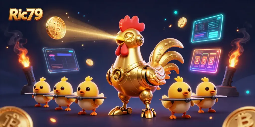 Experience the excitement of Ric79 with a golden rooster robot and baby chick drones in a vibrant casino scene.