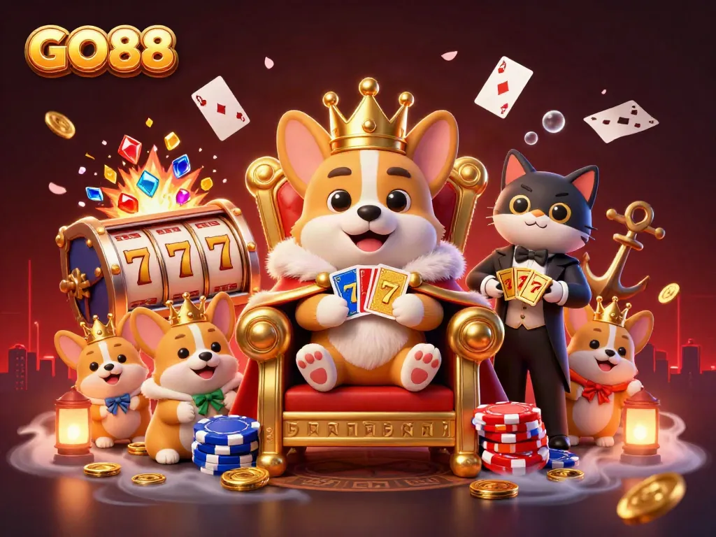 Engage with GO88's vibrant gaming experience featuring royal corgi on poker chip throne.