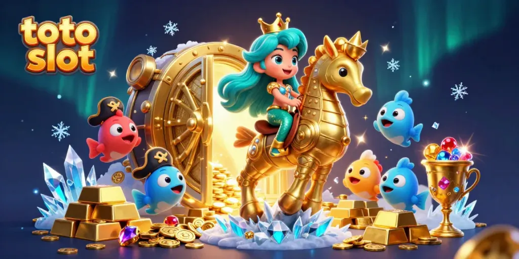 Experience the thrills of toto slot as a mermaid princess rides a golden seahorse amidst treasure galore.