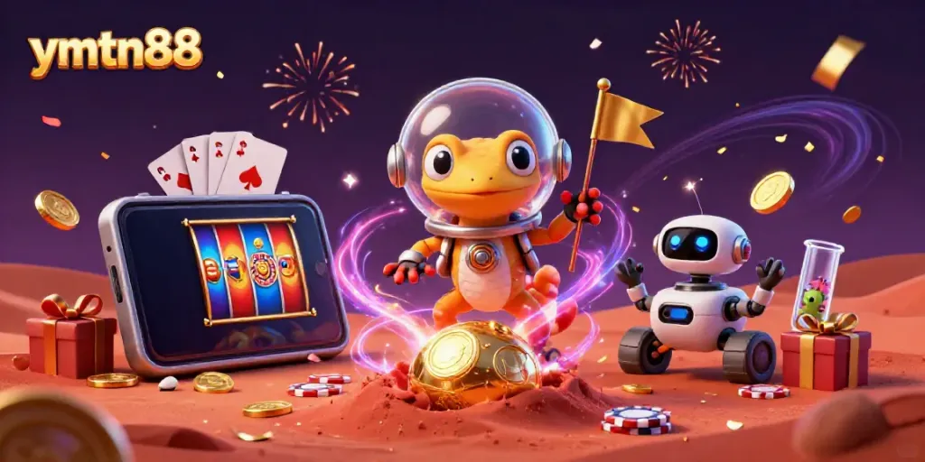Spin to win with ymtn88 in a fantastical 3D casino scene filled with vibrant gaming elements.