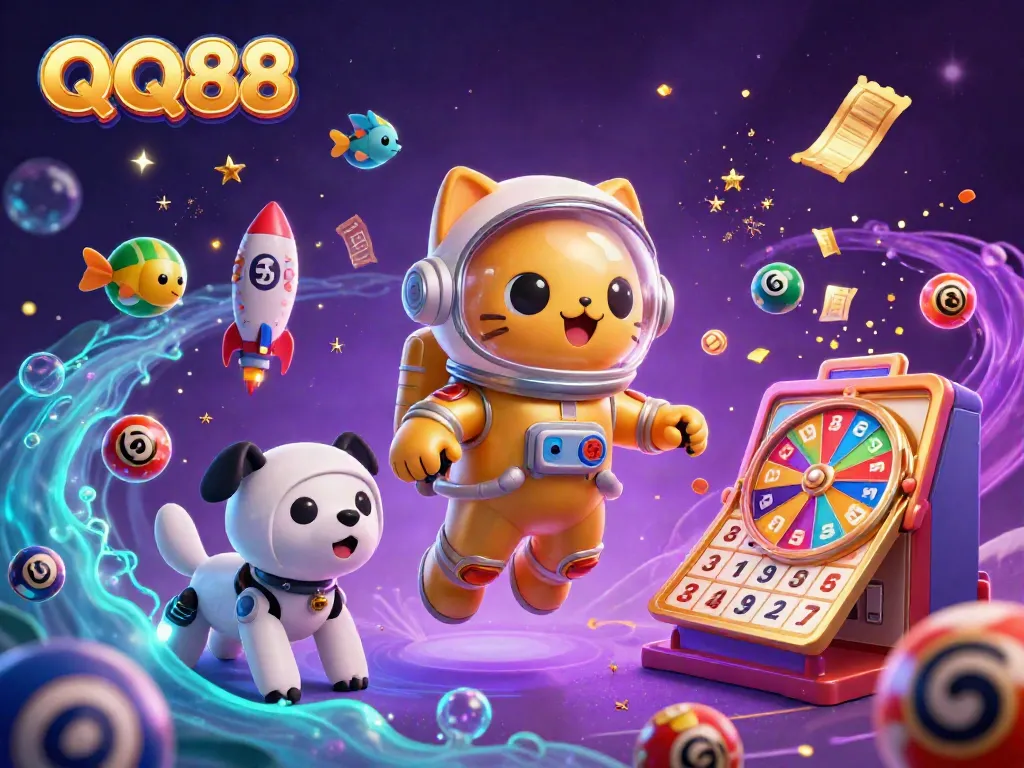 Experience QQ88's exciting lottery atmosphere with vibrant games and animated characters in a cosmic setting.