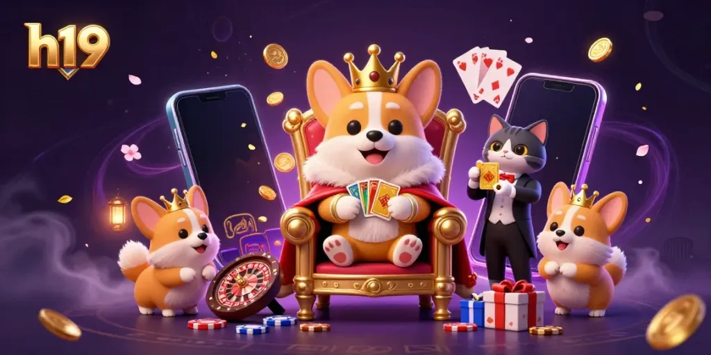 Experience the thrill of h19 with a 3D illustration of a corgi king surrounded by casino elements.
