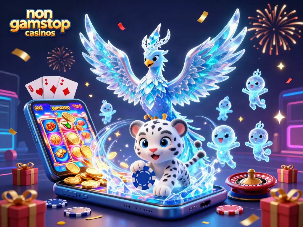Engage with non gamstop casinos featuring a vibrant, dynamic 3D scene showcasing gaming elements and characters.