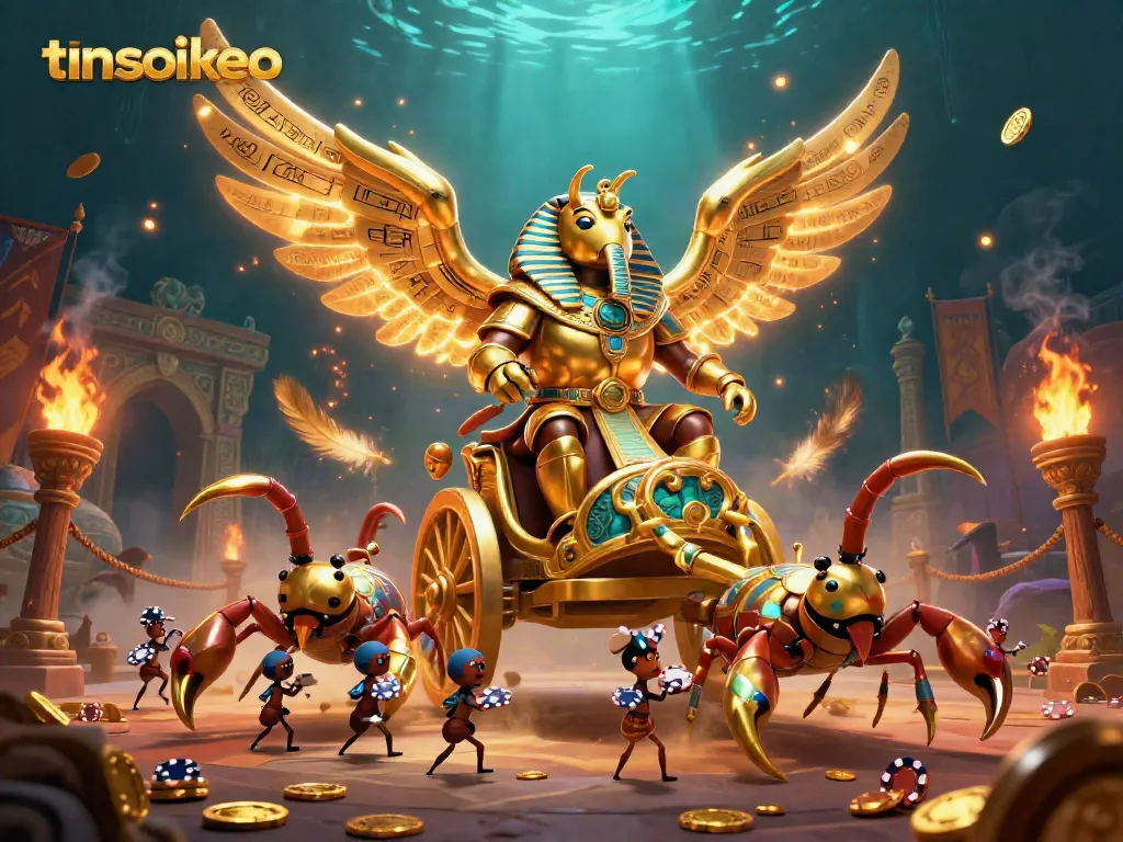 Engage with thrilling betting strategies on tinsoikeo featuring a golden scarab and scorpion chariot.