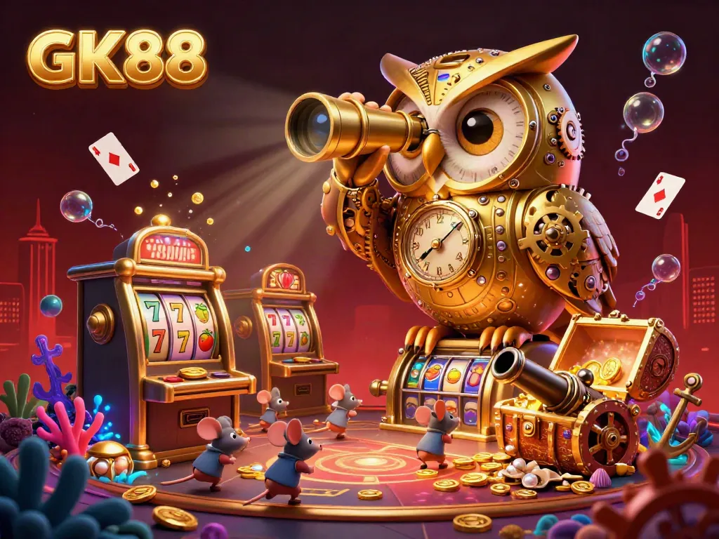 Experience engaging GK88 casino action with animated characters and vibrant gold coins flying around.