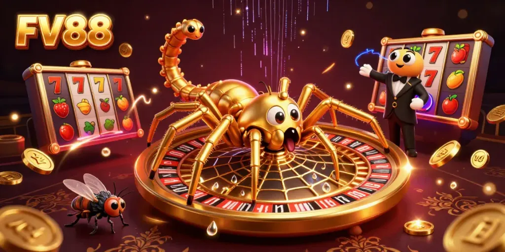 Place bets at FV88 with an engaging 3D casino scene featuring dynamic gaming elements.