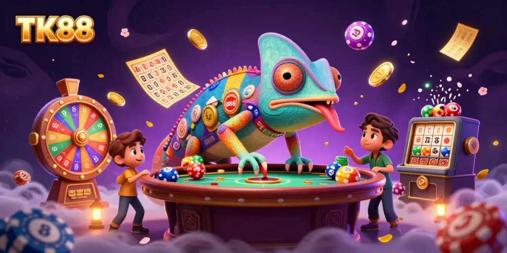 Experience winning at TK88 with a vibrant chameleon casino owner amid dynamic gambling elements.