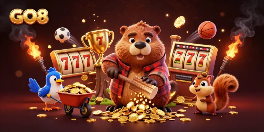 Engage with GO8's vibrant casino scene showcasing a beaver, bird, and squirrel amidst gold rewards.